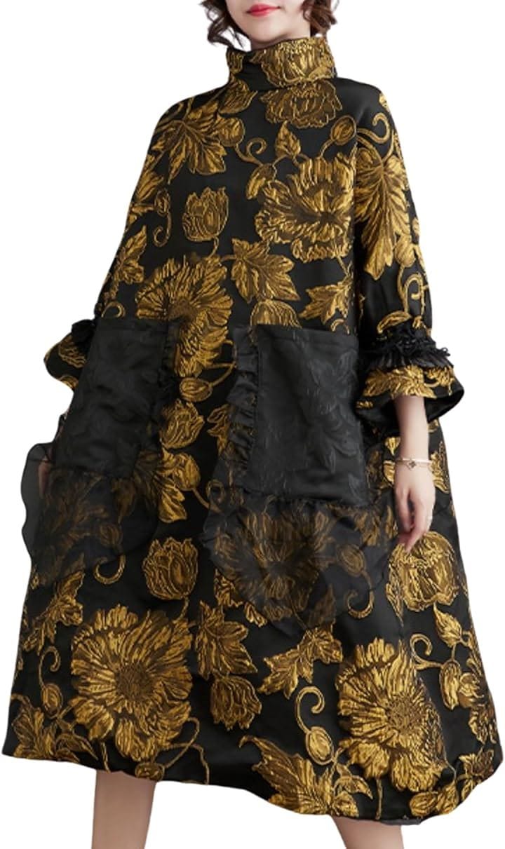 レディレイジー モード系 5分袖 ハイネック ジャガード ワンピース 金 刺繍 ひざ丈 黒 ブラック( ブラック, Free Size)