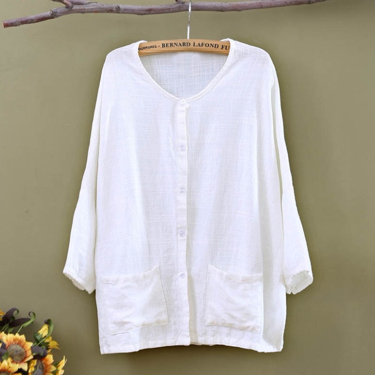 レディース ジャケット カーディガン 上着 羽織 前開き 7分袖 ラウンドネック 襟なし ワイド ポケット ボタン 薄手 リネン コットン かわいい 大人可愛い シンプル カジュアル おしゃれ