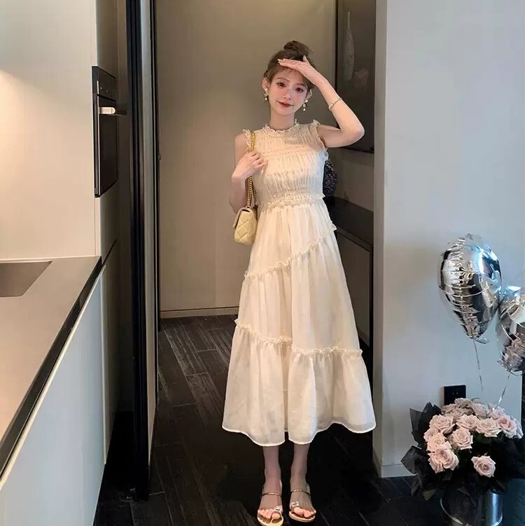 レディース ワンピース ドレス ワンピースドレス プルオーバー ミモレ ロング ノースリーブ ラウンドネック セミフレア Aライン 切り替え ティアード シャーリング フェミニン リボン