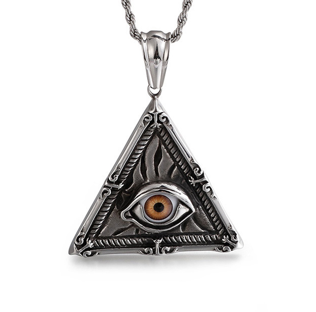 Pw 精良sus316l製 シルバー銀色 エジプト神話の太陽神 ホルスの目 三角 ペンダント アクセサリー 人気商品は 日本未発売 長さ57mm 人気デザイン ラッピング対応 幅56mm 61