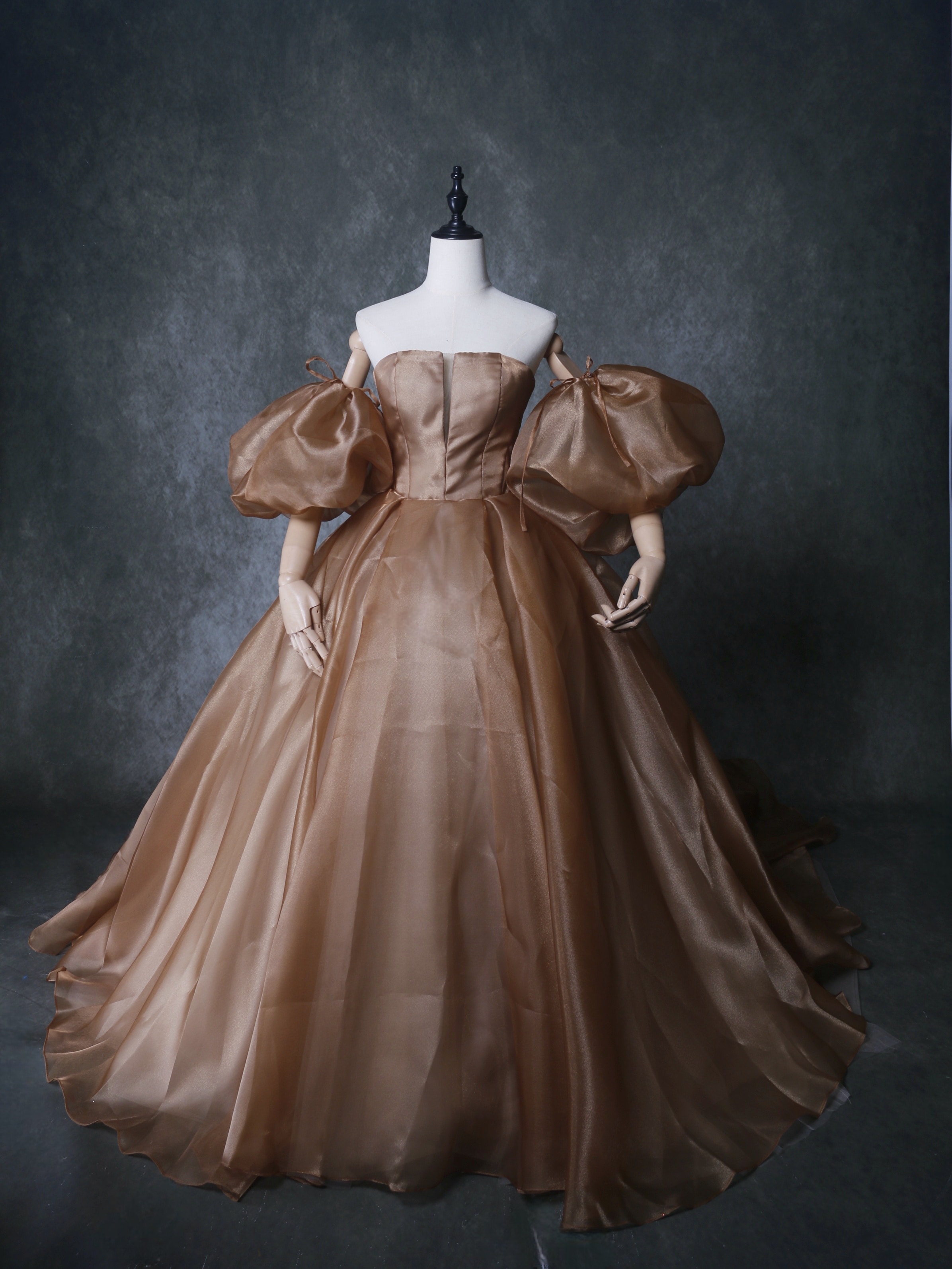 上品！パーティードレス カーキ色 ベアトップ 取り外し袖 編み上げ 花嫁 披露宴