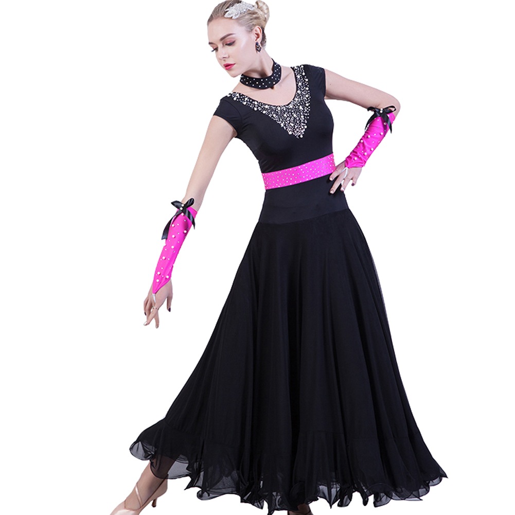 社交ダンス モダンドレス ワンピースドレス ブラック S~3XL 大きい裾 豪華 演出服 スタンダードドレス ローズ インターナショナルダンス 競技会 ワルツ服 練習着 競技用 ステージ衣装 パーティ