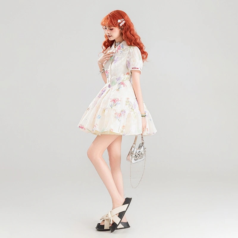 【高品質です】ガーリーパール光沢ジャガード花柄ワンピース2024夏フレンチウエストスリムパフプリンセスドレス