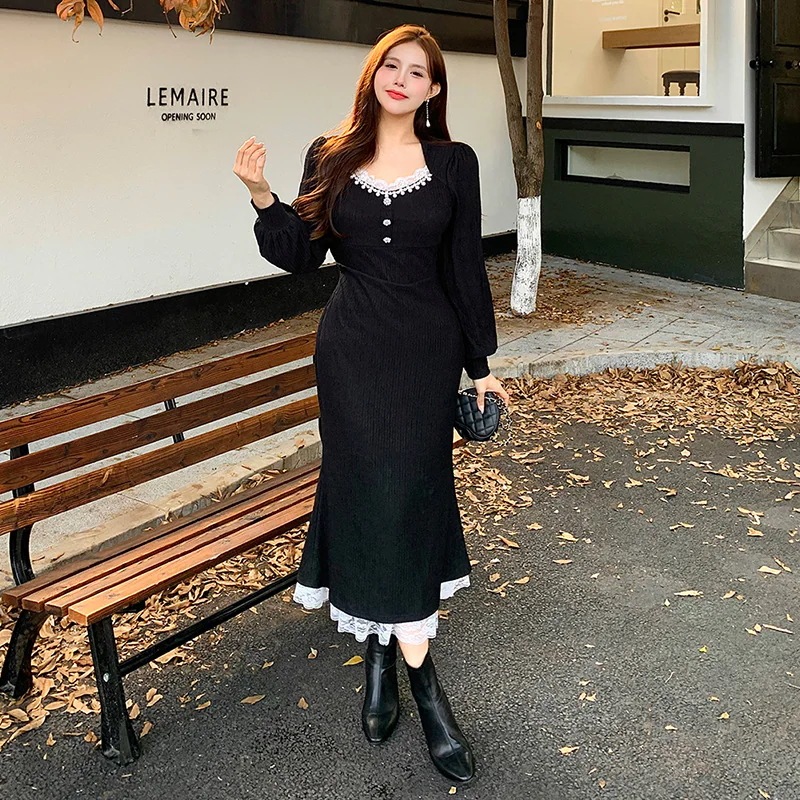 大きいサイズ XL-5XL 高級感 フランス風 レトロ vネック 着やせ マーメイド ワンピース フォーマル パーティー メガ割