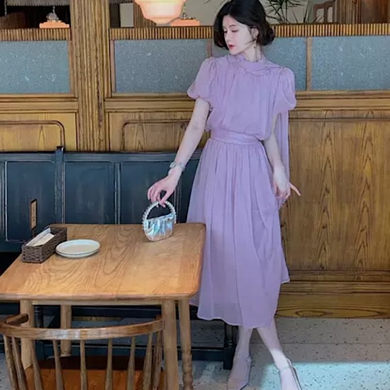 【取寄：納期2週間】結婚式ドレス パフスリーブ エアリー ハイウエスト スカーフ付き ウエストマーク 発表会 演奏会 レディース 結婚式 ステージ衣装 半袖 ロング丈 エレガント