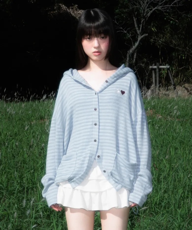 Stripe Heart Hood Cardigan [Sky Blue/Black]