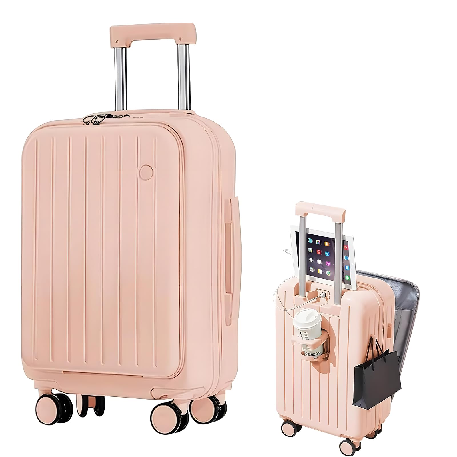 スーツケース ドリンクホルダー付き多機能 スーツケース 機内持ち込み usbポート付き フロントオープン キャリーケース 軽量 ストッパー付きサイズ キャリーケース 機内持ち込み 可愛い 360度回転