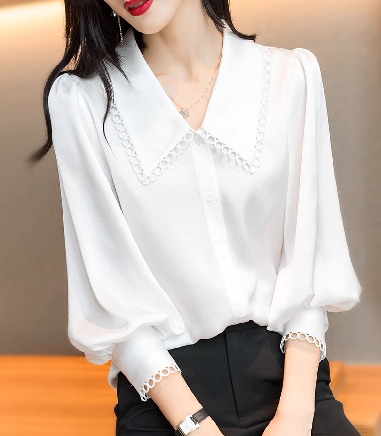 レディース トップス シャツ ミドル丈 長袖 カフスリーブ Vネック 襟付き ラペル ストレート 縁取りリング かわいい 大人可愛い きれいめ シンプル 上品 おしゃれ こなれ感 メンズライク