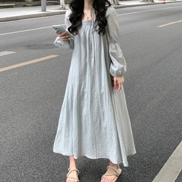 2024 春夏ワンピース 長袖丈 ゆったり 春 グレー ライトブルー 韓国ファッション レディース キュート 甘め カジュアル お出かけ安い