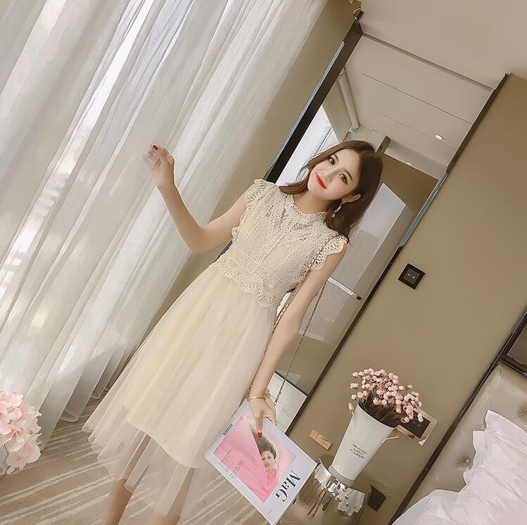 1660.レースノースリーブドレス（アプリコット）2019 春夏 sale 結婚式 二次会 パーティー お呼ばれ 合コン レストラン フォーマル 演劇