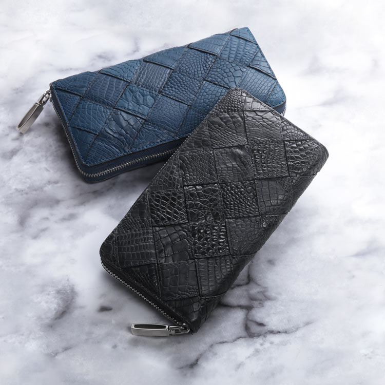 クロコダイルラウンドファスナー長財布メンズメッシュデザインシルバー金具本革鰐革編み