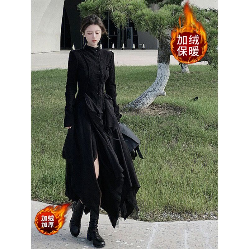 ベルベットと厚みのある23ハイエンドシックでユニークなデザインのブラックドレス高寒の女王ヘボンスタイル女性用