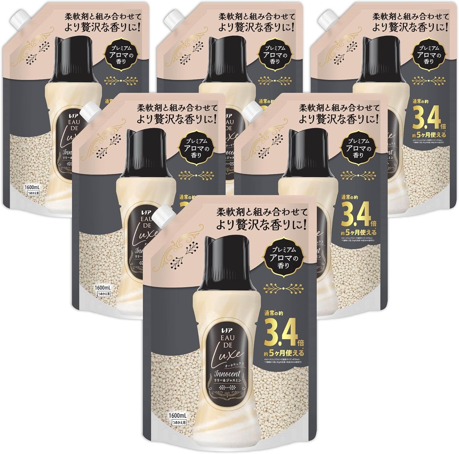 レノア オードリュクス 新モデル Innocent お洗濯の香り付けビーズ リリー&ジャスミンの香り 詰め替え 1600mL×6袋 大容量 ケース品 柔軟剤と一緒に使って香り長続き