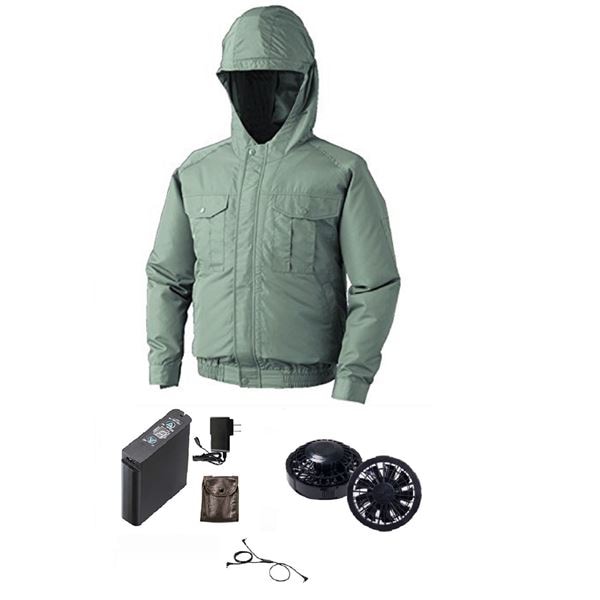 フード付 ポリエステル 空調服 [ファン色：BK モスGR XL] 撥水性