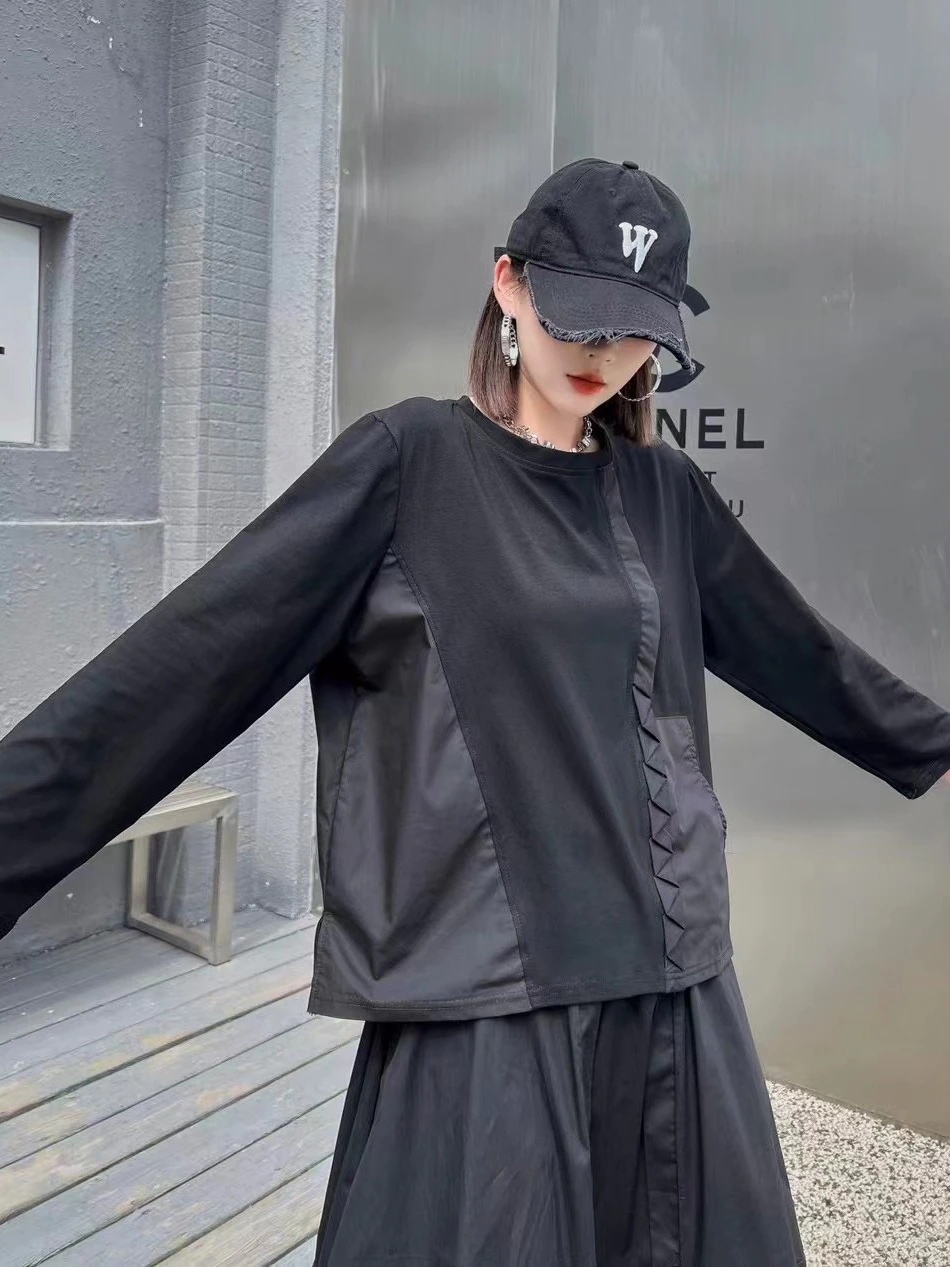 欧米春服新型暗黒個性つなぎ長袖tシャツ女性ゆるい布デザイン感ins上着長袖ブラウス30%制限