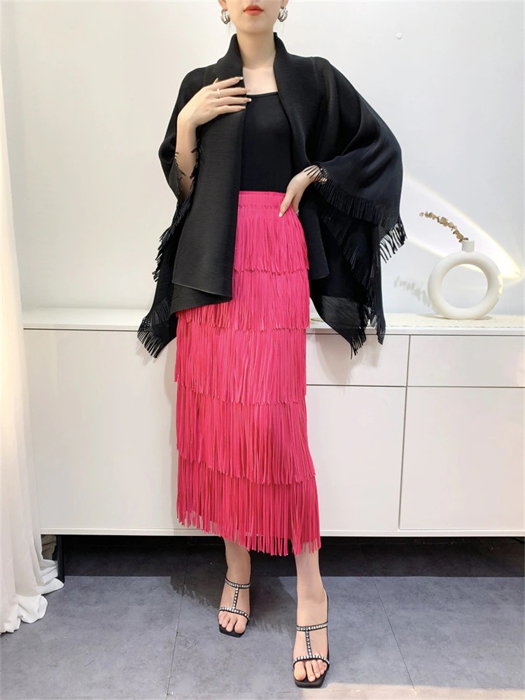 激安セール 2023夏 レトロ フリンジ ロングスカート ファッション ハイウエスト スリム 縫付 プリーツスカート デザインセンス