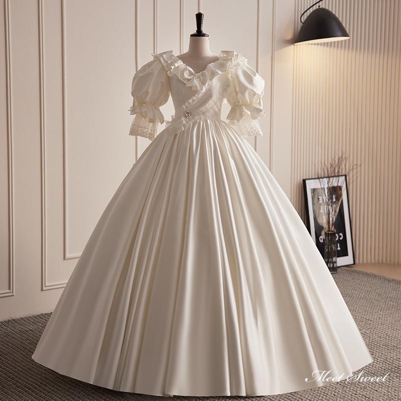 ウェディングドレス ロングドレス プリンセスドレス プリンセスドレス Aラインドレス 5分袖 パフスリーブ 二次会 結婚式 前撮り 花嫁 ウエディングドレス