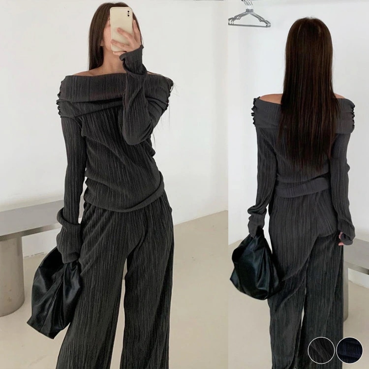 セットアップ レディース 韓国 秋 春 オフショルダー プリーツ カジュアル ワイドパンツ