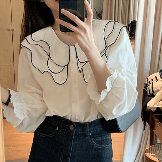 ブラウス ビックカラー フリル トップス レディース デザインカラー フリル袖 春 長袖 ビックカラー カジュアル ブラウス 白 無地 トレンド トップス フリル襟ブラウス バルーンスリーブ