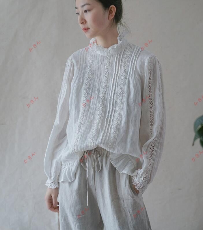 高級感満載 フリルネックが気分レース＆ピンタック リネンブラウスシャツ ２次会 パーティー ハンドメイド系