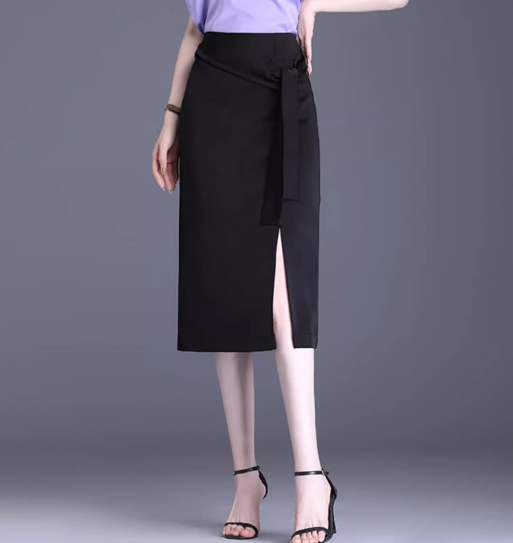 スカート スキニースカート レディース タイトスカート 膝丈 膝下 タイト スリム 細身 ストレート Iライン フェミニン ウエストマーク ウエストリボン かわいい 大人可愛い きれいめ シンプル