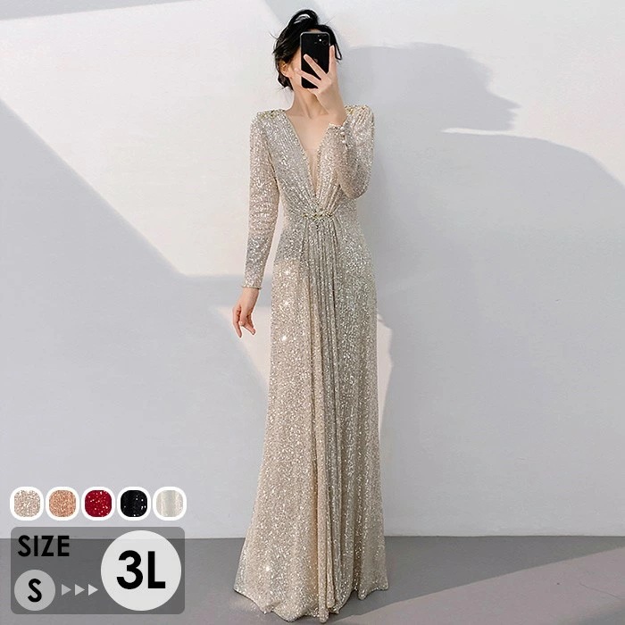 ドレス 大人 ピアノ 発表会 ロングドレス Vネック 長袖 演奏会 演奏会用ドレス ピアノ発表会 黒 結婚式 高校生 パーティードレス 大きいサイズ 母親 コンクール イブニングドレス ロング 演奏会