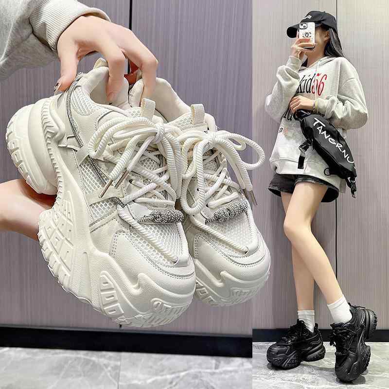 スニーカー レディース シューズ 厚底 ラインストーン レースアップ ーズ カジュアル 通気性 スポーツ 秋冬 ベージュ ブラック