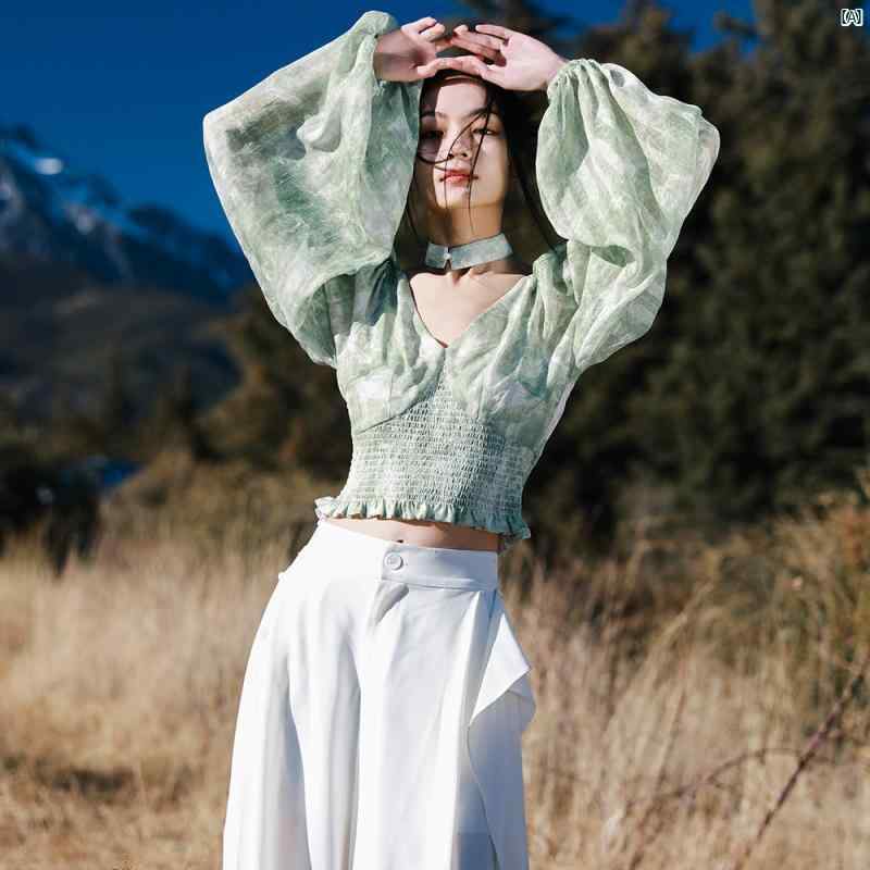 レディース　レディース　ファッション　オシャレ　　モダン　海外風 Vネック ランタン スリーブ ウエスト シフォンシャツ レディース ストラップ 薄手 トップ 夏