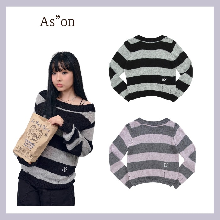 SORI OFF STRIPE KNIT BLACK PINK オフショル ボートネック ストライプト ップス