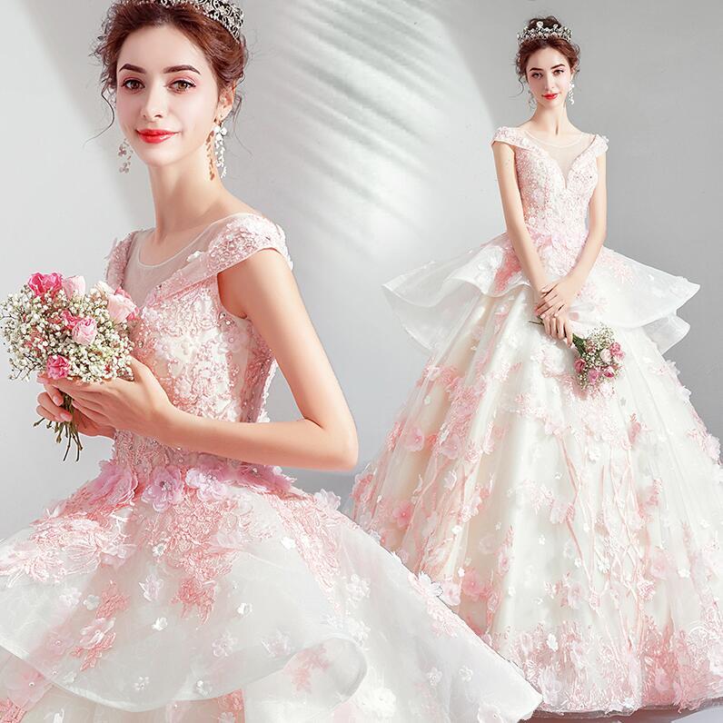 ウエディングドレス ロング マキシ丈プリンセスラインウエディングドレス 花モチーフ 花びら ビーズ お姫様 フォマール ドレス ふんわり 結婚式 披露宴 パープル30%までに制限