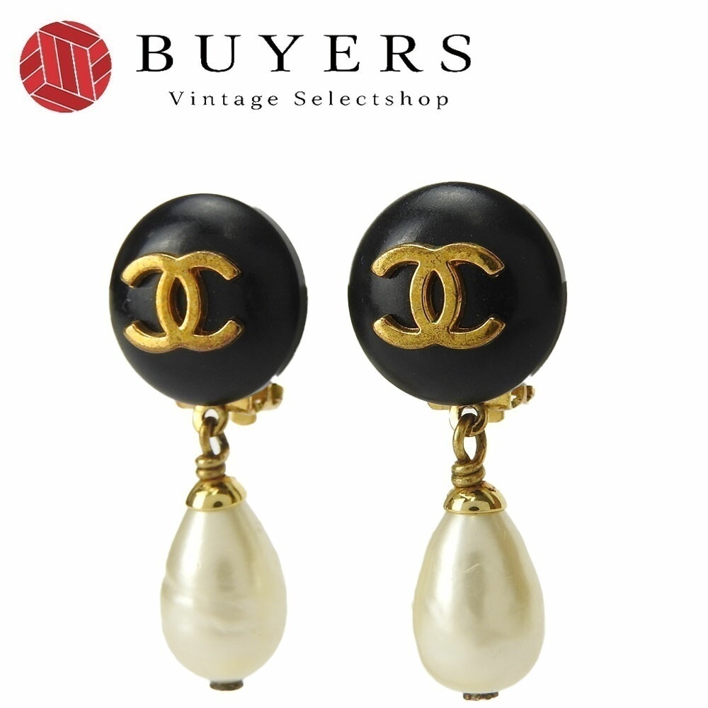 中古 シャネル イヤリング ココマーク CHANEL 96A ブラック ゴールド フェイクパール スイング アクセサリー メッキ 小物 レディース 女性 かわいい オシャレ Accessories E