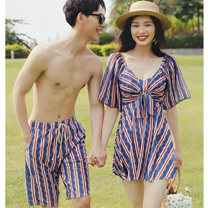 夏ペアルック 水着セット メンズ ストライプ カップル水着 インナーパンツ付き レディース 海パン サーフパンツ ワンピース 男女お揃いビーチウェア