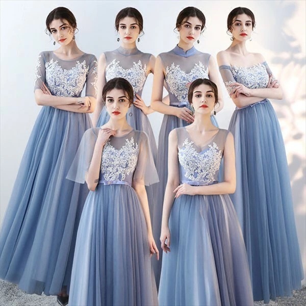 【激安開催】ブライズメイド ドレス ロング ブルー 立ち襟 ミモレ丈 オフショルダー ノースリーブ ハイネック 演奏会 ピアノ 発表会 花嫁 ロングドレス 母親 結婚式 フォーマル 20代 30代 4