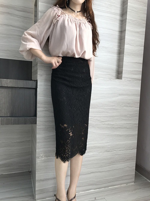 3186.膝丈レースタイトスカート（ブラック）2019 春夏 sale お出かけ パーティー 食事会 大きいサイズ