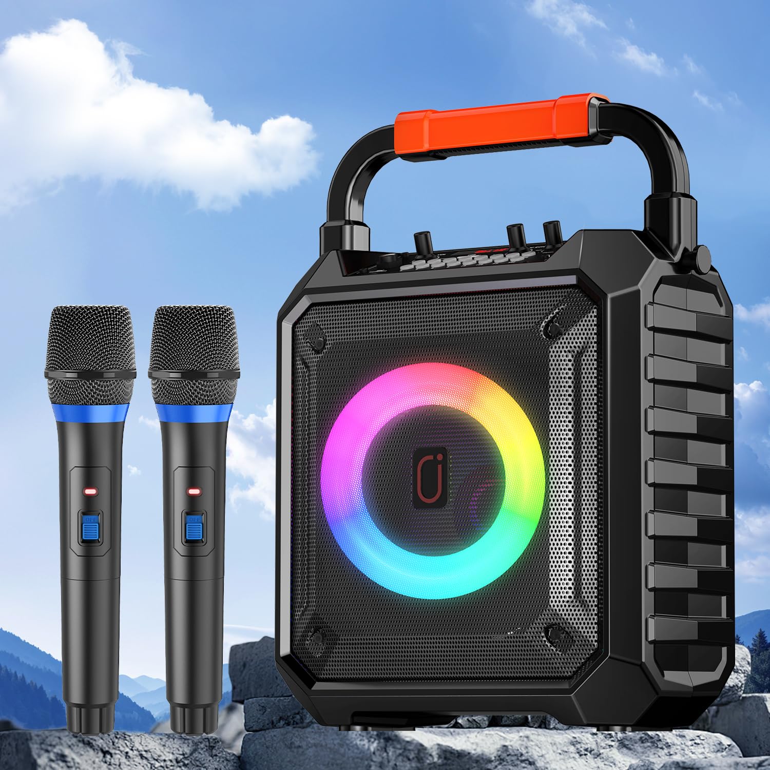 スピーカーセット JYX カラオケセット 家庭用 拡声器 ワイヤレスマイク ２本 Bluetooth 5.1 小型 PAセット 小型 カラオケマシン ポータブルスピーカー SDカード USB AUX