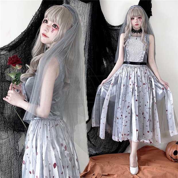 【一部分3日内出荷】ハロウィン衣装 ゾンビ グレー レディース チュール ワンピース ヘアアクセサリー 仮装舞踏会