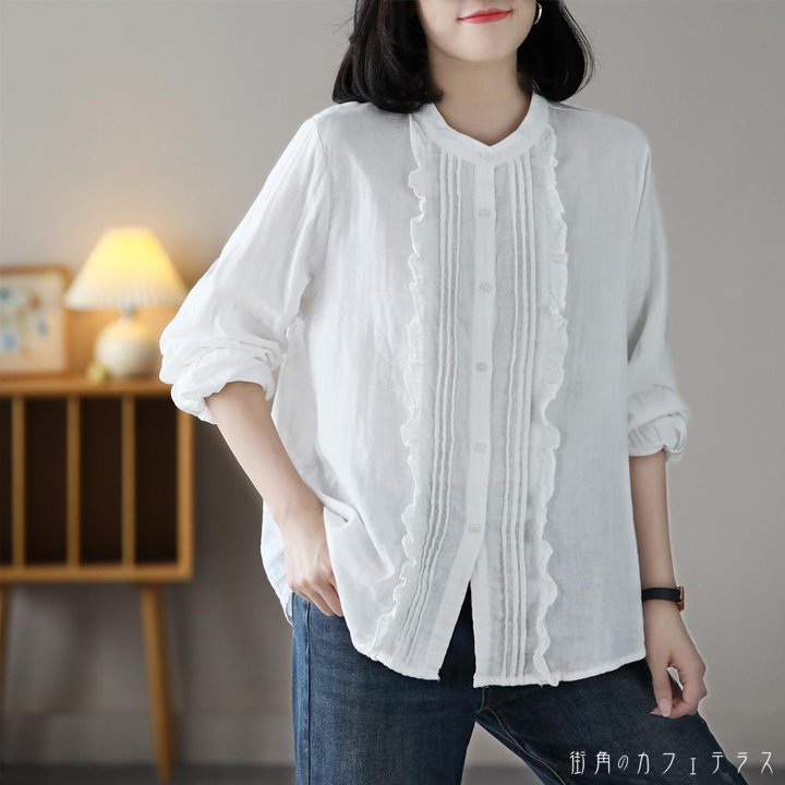 レディース トップス ブラウス 襟なし スタンドカラー バンドカラー レース ゆったり 体型カバー 大きいフリーサイズ 長袖 ホワイト 白 20代 30代 40代 通勤 通学 オフィス