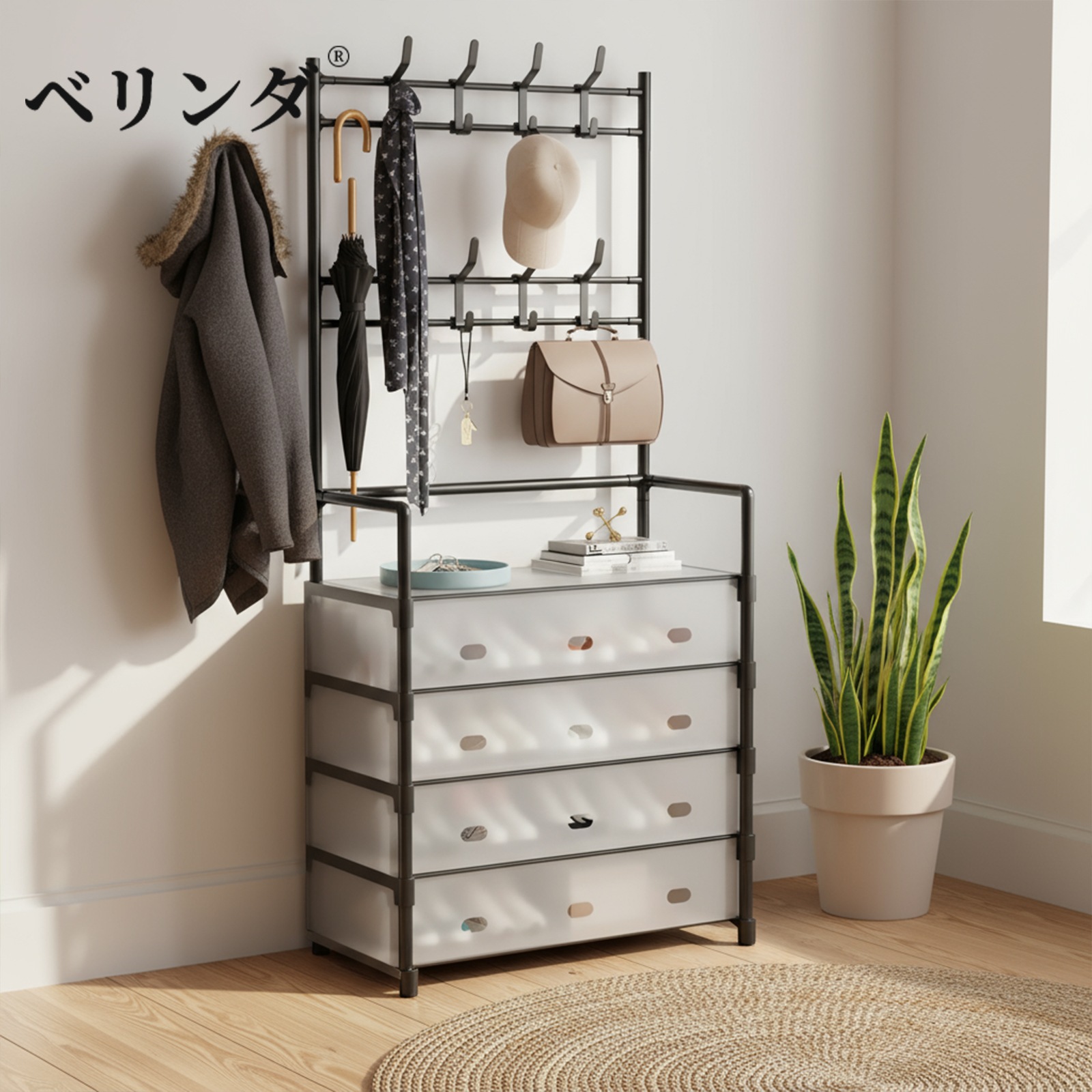 シューズラック 靴棚 下駄箱 フック付き 省スペース スリム 多機能 コートラック 靴収納 大容量 カバンかけ 帽子掛け 多機能 分割可能 玄関 廊下 (5段 幅57cm ホワイト)