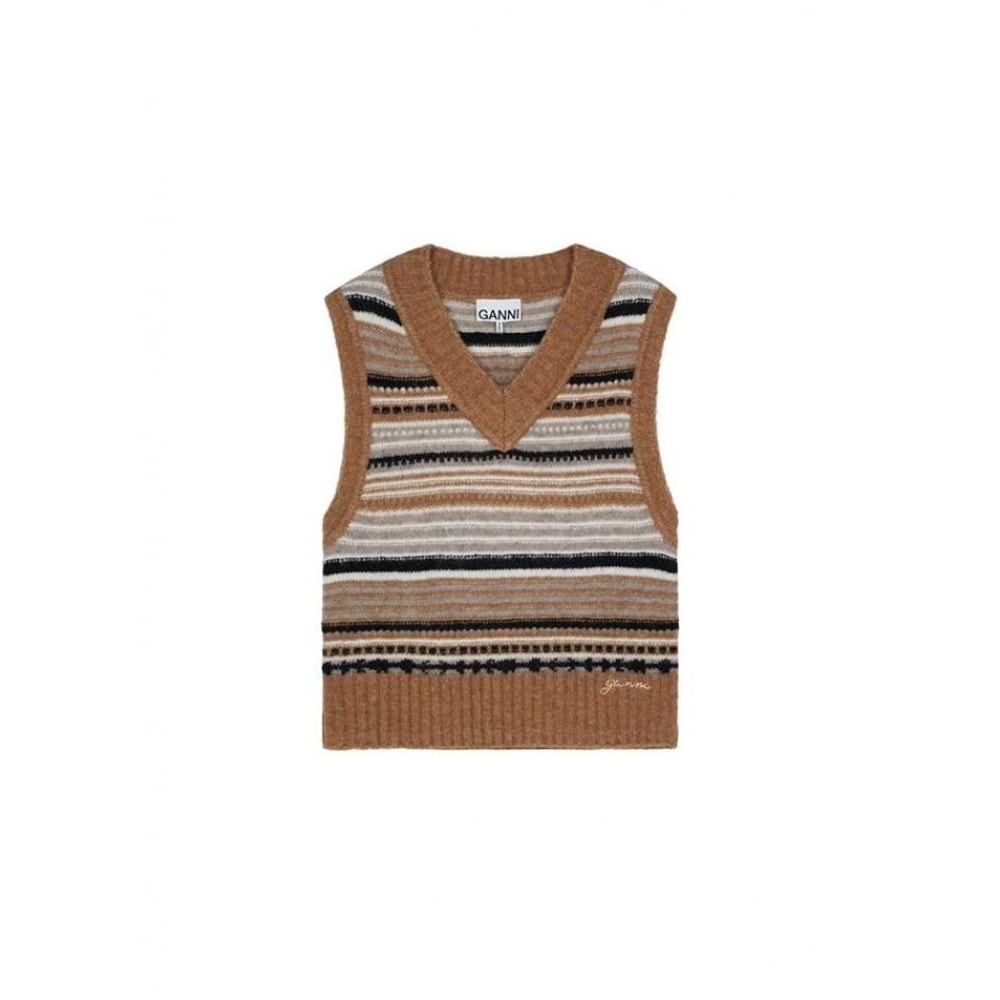 GANI 女性用ソフトウールストライプニットベストブラウン K2236-177