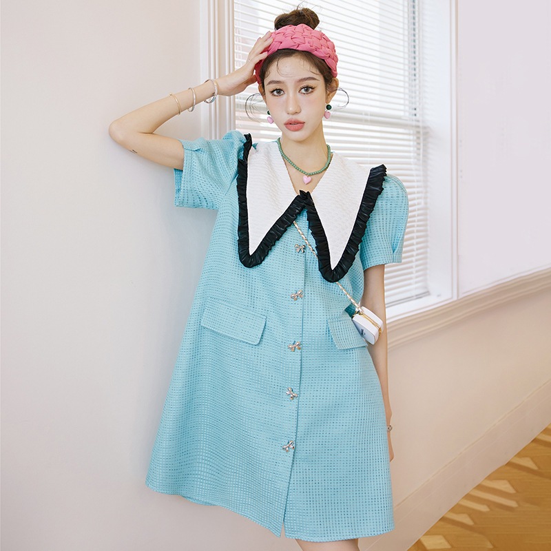 可愛い折襟シャツワンピースミニ半袖夏服レディース韓国ファッションサテンブラウストップスカーディガン