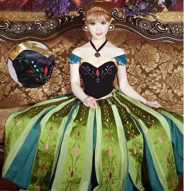 アナ コスプレ衣装 ドレス アナ ハロウィン コスプレ プリンセス 刺繍(柄部分) ネックレス 立体感 大人用 コスチューム 雪の女王期間限定30％