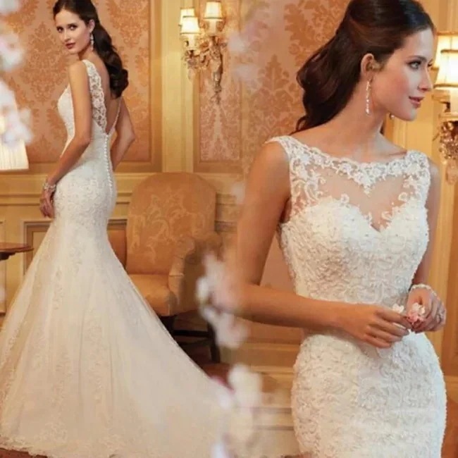 ウェディングドレス　マーメイドラインロングドレスウェディングドレスウエディングドレスノースリーブレース刺繍ファスナータイプホワイト30%までに制限 11,774円