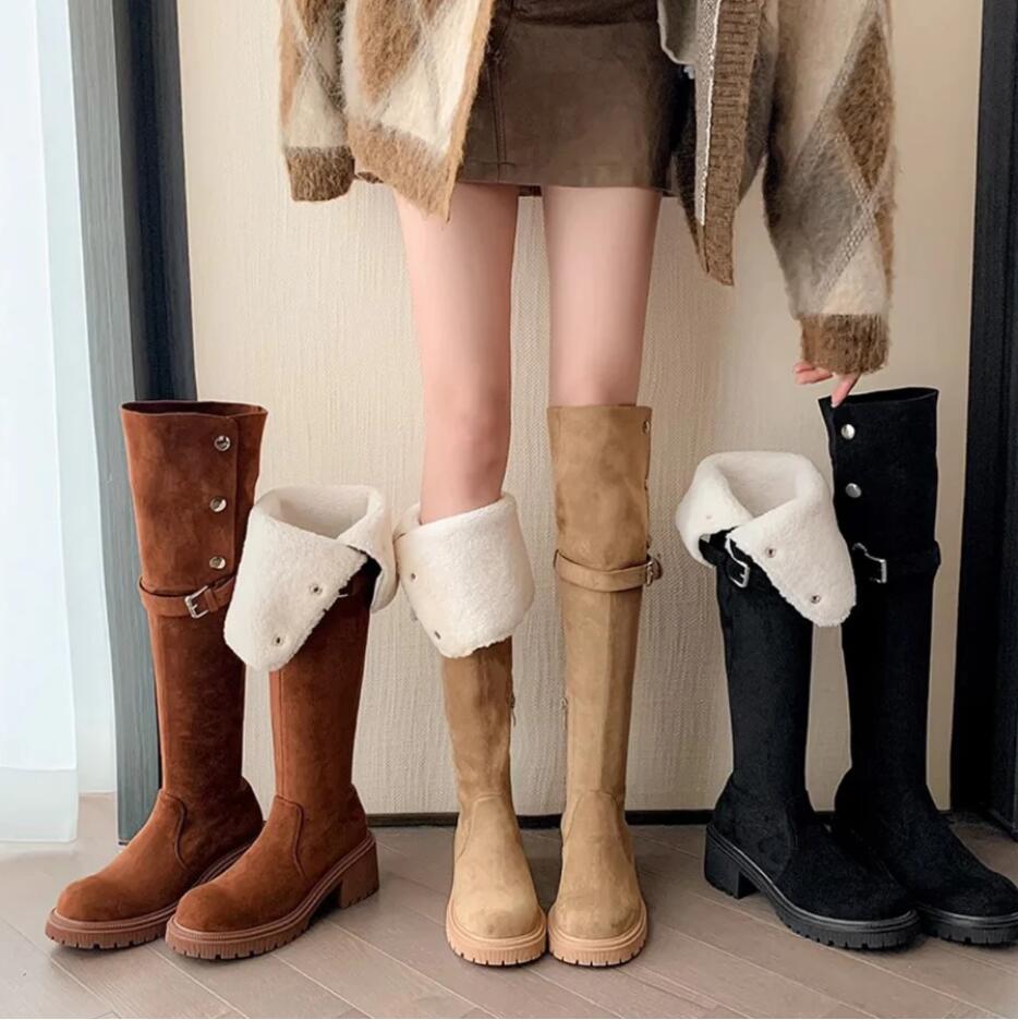 スウェード風 裏ボア 厚底 ロングブーツ ニーハイブーツ フェイクレザー ムートンブーツ 靴 美脚 脚長 スタイルアップ ベルト 折り返し カジュアル Y2K 韓国ガーリー きれいめ フェミニン 4,522円