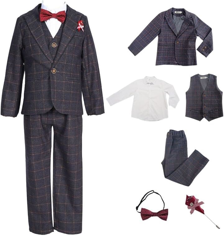 キッズ フォーマル スーツ 男の子 6点セット 入園式 卒園式 入学式 発表会 七五三 セットアップ ジャケット ベスト 子供服 チェック柄(グレー, 110)