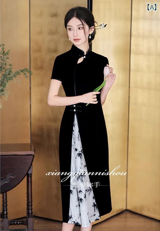 アオザイ チャイナドレス レディース レトロ オブリーク パイピング スリットなし ヤング 夏 茶 芸術 ブラック