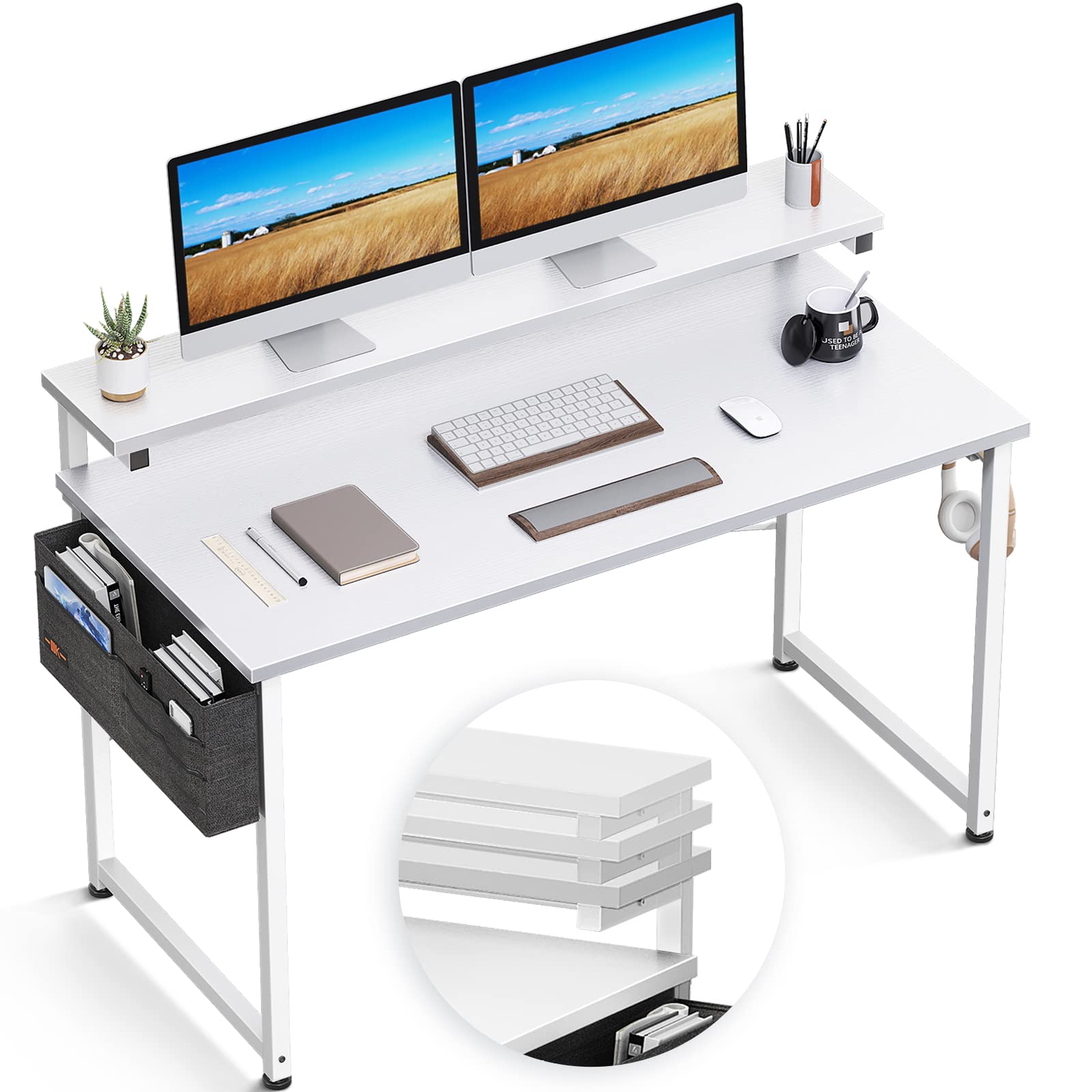 KKL パソコンデスク 机 幅120cm モニター台高さ3段調整対応 収納袋付き 収納フック付き pc ゲーミングデスク つくえ 在宅勤務 ワークデスク オフィスデスク シンプル 勉強 学習 組立簡単