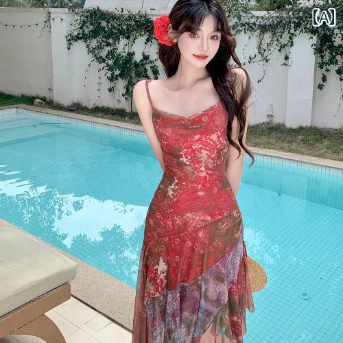 ワンピース 大人 リゾート レディース 赤い 花柄 メッシュ サスペンダー スカート 夏 レトロ ドレス ビーチ スカート きれいめ