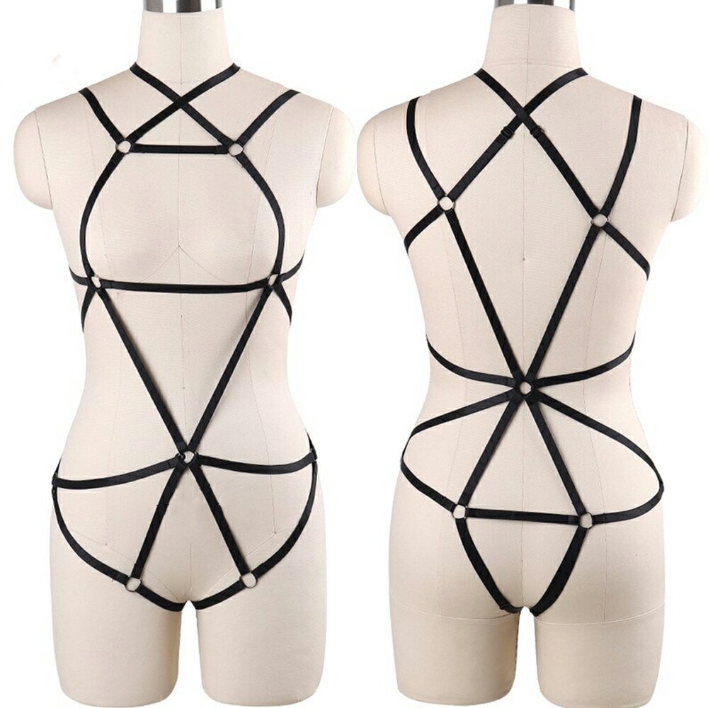 ボンデージ風 ブラックボディーハーネス (セクシーポールダンサー) スレイブ ベルト ガーター 首 腰 足 太もも ウエスト 全身タイツ フリーサイズ 伸縮 ポリエステル nt437xxxxxxxx