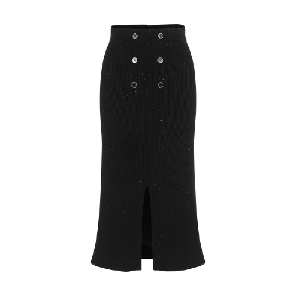MARYLING スパンコールボタンデコレーションニットスリットスカート DFFMGSK04BLK
