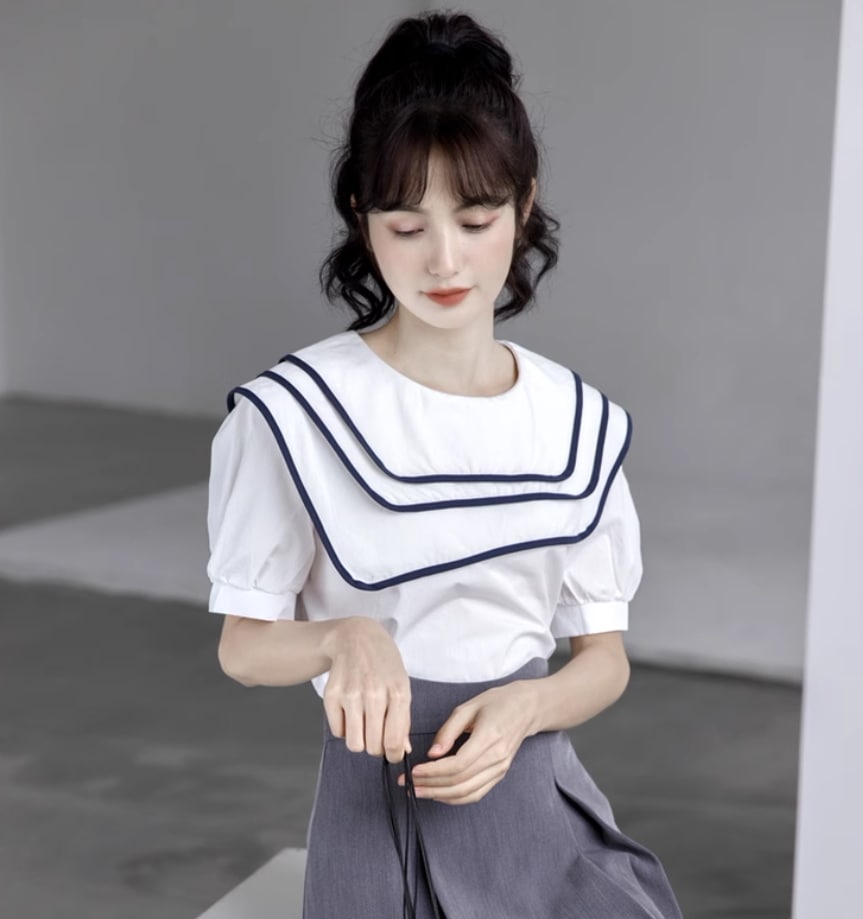 トップス デート モテアイテム セーラーシャツ 襟付き コットン 半袖 フリル 大人可愛い きれいめ 上品 おしゃれ かっこいい 大人可愛い ラブリー キュート ガーリー クール モード系 セクシー